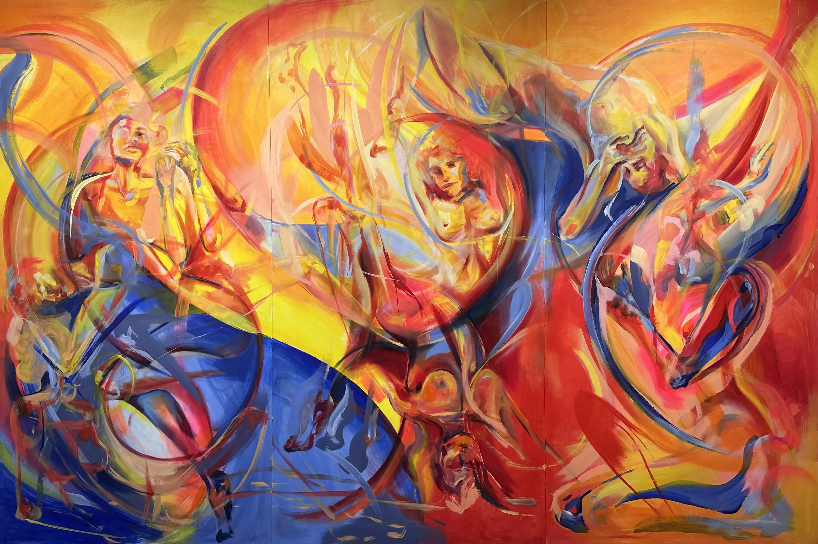 A vibrant abstract painting with swirling fiery and blue hues.